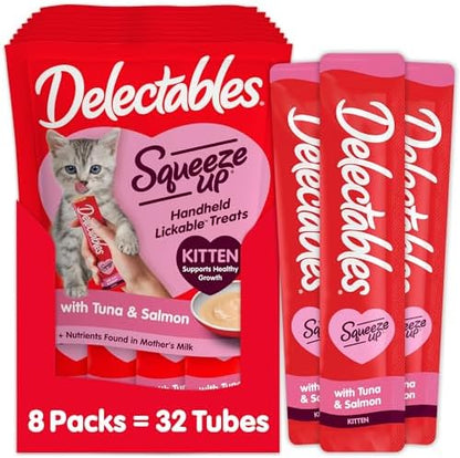 Delectables Squeeze Up Kitten Creamy Squeezable Puree, Lickable Wet Cat Treats, Grain Free, No Added Fillers, No by-Products, No Added Preservatives, 0.5 Ounces Tube Tuna & Salmon, 32 Tubes Total