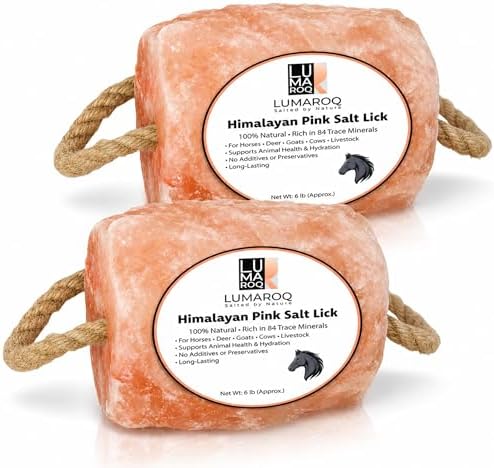 Himalayan Pink Salt Lick On Rope 6lbs for Horses, Deer, Goats & Livestock, Natural Mineral Salt Block with 84 Trace Minerals, Hanging Horse Salt Lick for Farm Animals & Wildlife (Pack of 2)