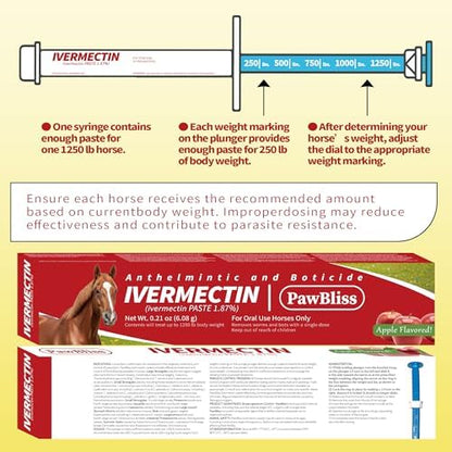 Ivermectin Horse Paste 1.87% – Single Tube 6.08g (1-Pack), Apple Flavored Oral Dewormer for Horses – Treats Horses Up to 1250 lbs – Weight Calibrated Equine Paste for Routine Horse Care
