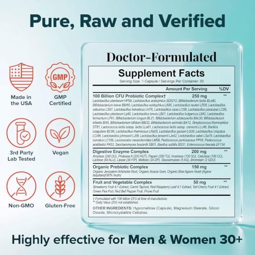 Wholesome Wellness Organic Raw Probiotics 100 Billion CFU, Dr Formulated for Women and Men, Complete Adult Supplement with Prebiotics, Probiotics and Digestive Enzymes; 30 Capsules