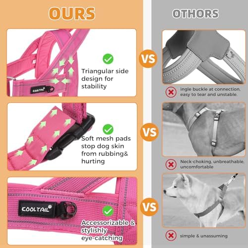 KOOLTAIL No Pull Harness Medium Large Dog with Handle, Easy Walk Puppy Vest Harness Neck & Chest Soft Paded Adjustable, Reflective Lightweight Escape Proof Breathable Mesh Pet Running Harness, Pink L