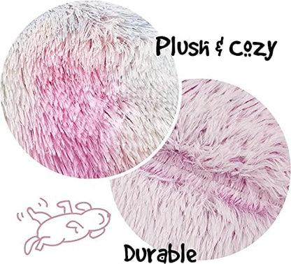 Friends Forever Donut Dog Bed Faux Fur Fluffy Calming Sofa For Small Dogs, Soft & Plush Anti Anxiety Pet Couch For Dogs, Machine Washable Coco Pet Bed with Non-Slip Bottom, 23"x23"x6" Rainbow