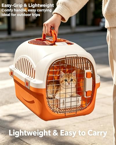 Cat Carrier Airline Approved, Portable Pet Travel Crate with Anti-Stress Design for Cats & Small Dogs, Car Safe Kennel with Top Window (Orange)