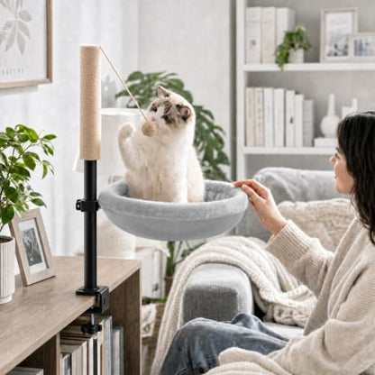 Cat Desk Bed with Scratching Post Clamp On 360 Rotating Gray