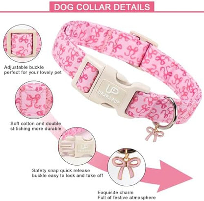 Pink Bow Dog Collar | Cute Aesthetic Cotton Collar | Soft Girl Puppy Collar | Adjustable Small Medium Dog Collar | Coquette Pet Style