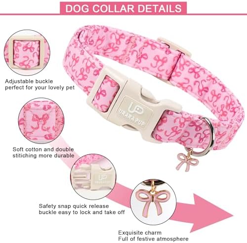 Pink Bow Dog Collar | Cute Aesthetic Cotton Collar | Soft Girl Puppy Collar | Adjustable Small Medium Dog Collar | Coquette Pet Style