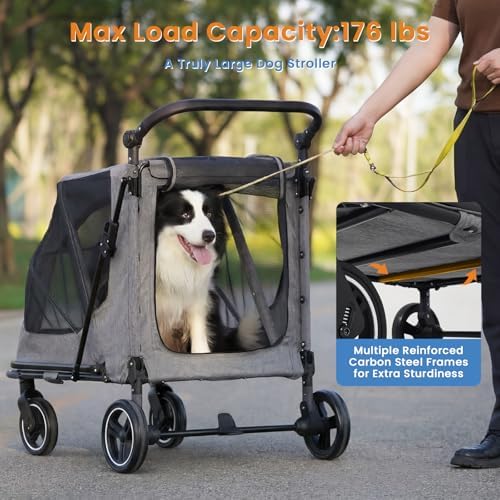 Dog Stroller for Large/Medium Dogs,Pet Stroller Up to 176 lbs,Extra Large Foldable Stroller for 2 Dogs Cats,Full-Open Sunshade Canopy,Adjustable Handle(Gray)