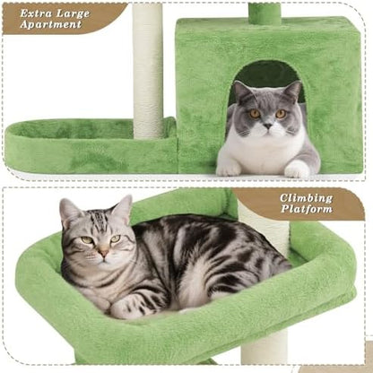 Athena Collection Small Cat Tree Tower with Scratching Post, 32 Inch Modern Cute Cat Tree Condo with Cozy Perch Haing Ball Green Leaves for Kittens Indoor Playing, Light Green
