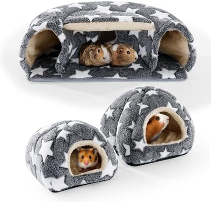 MABOZOO 3 Pack Guinea Pig House Accessories, 2 Cozy Guinea Pig Bed and Hideout Tunnel, Chinchillas Hideout for Hamster, Rabbit, Bunny, Chinchillas (Gray)