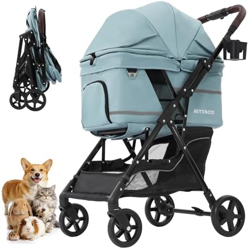 Dog Stroller with No-Zip Buckle Canopy, fits 2 Small Cats or 1 Medium pet,44 lbs Capacity One-Hand Fold,Lockable Front Wheels, Rear Brake