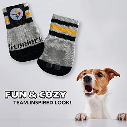NFL Pittsburgh Steelers Anti Slip Dog Socks with Elastic Ribbed Top, Size X-Small/Small. Indoor/Outdoor Socks, Best Dog Paw Protector, 2 Pairs, Cool Puppy Supplies with NFL Logo of Steelers Team
