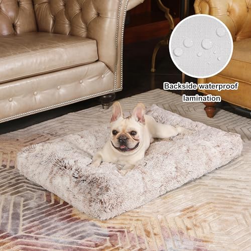 Bedfolks Plush Waterproof Dog Crate Bed, Faux Fur Kennel Pad, 35"x23", Brown