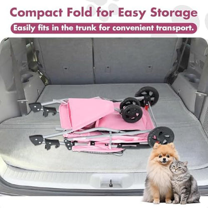 3 Wheels Pet Stroller,Storage Basket and Cup Holder, Breathable Mesh, Waterproof and Foldable for Small/Medium Dogs and Cats Strollers, Lightweight Travel Carrier for Daily Walks & Outdoor，Pink