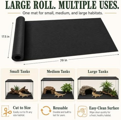 Arbitrary Cutting Terrarium Reptile Carpet, Reptile Mat, Bearded Dragon Tank Accessories Flooring, Bearded Dragon, Leopard Gecko Substrate, Snake,Tortoise Bedding Black 17.5“× 79”