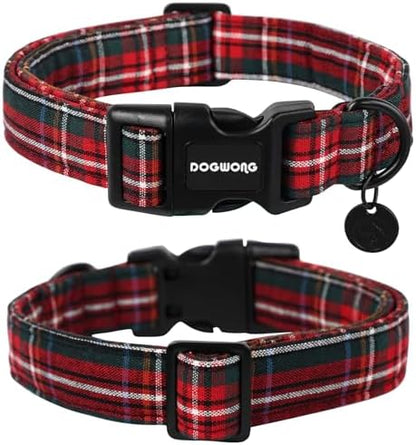DOGWONG Christmas Cotton Dog Collar, Heavy-Duty Red Plaid Dog Collar Durable Soft Fabric Pet Dog Collars Cute Christmas Checked Puppy Necklace for Small Dogs