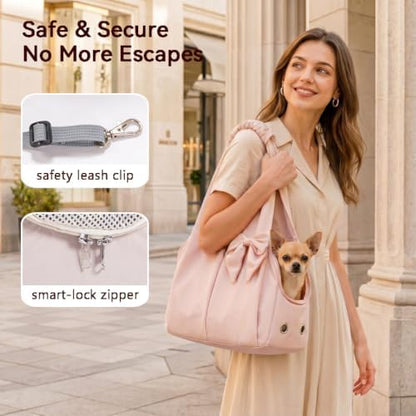 Fashion Dog Purse Carrier for Small Dogs, Soft-Sided Dog Bag Carrier with 4 Large Pockets, No Collapse, Lightweight, Smart Zipper Lock, Comfortable Puppy Cats Rabbit Carrier for Travel, Outdoor(Pink)