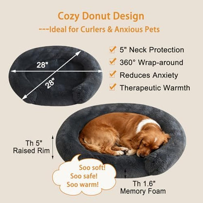 Calming Dog & Cat Beds with Orthopedic Egg-Crate Foam Raised Rim, Soft Fluffy Faux Fur Pet Bed for Small Medium Dogs, Anxiety Relief Spine Support, Machine Washable (Round, Dark Grey 28")