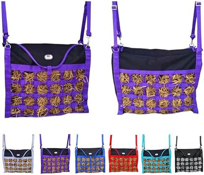 Majestic Ally Animal Health Hay Bag for Horses, 2.5" Holes, Top Load, Travel Feeder, Reduces Waste, 1 Year Warranty, Multiple Colors (Purple-Black)