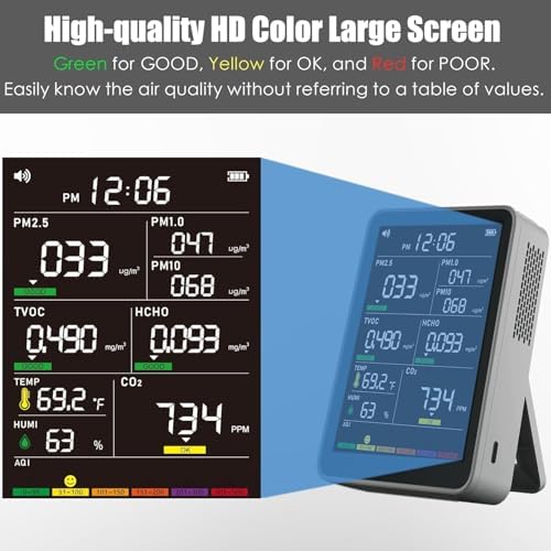 16-in-1 Indoor Air Quality Monitor, High-Precision Multi-Parameter Smart Air Quality Tester with HD Real-Time Color Screen, Portable Air Quality Monitor for Home, Office, Cars, School, Bedroom