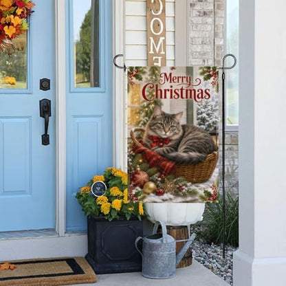 Merry Christmas Garden Flag 12x18 Inch Tabby Cat Wicker Basket Red Bow Holly Ornament Snowy Vintage Cottage Outdoor Yard Lawn Front Porch Welcome Double Sided Banner Decor