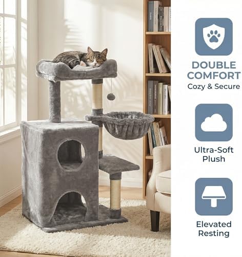 Fansafurn Cat Tree Tower for Indoor Cats, 36-inch Adult Cat Tree House for Large Adult Cats with Steps, Scratching Post, 2 Cat Condo, Dangling Toys, Light Grey