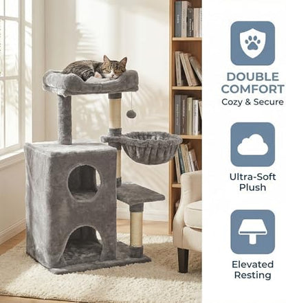 Fansafurn Cat Tree Tower for Indoor Cats, 36-inch Adult Cat Tree House for Large Adult Cats with Steps, Scratching Post, 2 Cat Condo, Dangling Toys, Light Grey
