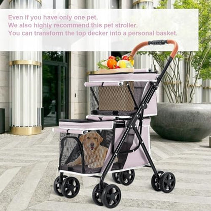 Double Pet Stroller for 2 Dogs & Cats, Double-Decker, Pink