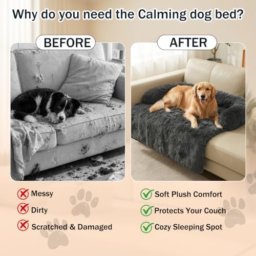 Calming Dog Bed for Couch, Thickened Plush Dog Mat with Raised Bolster
