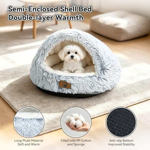 YooxArmor Round Covered Cat Bed Cave Dog Bed for Small Medium Pets,Grey,S