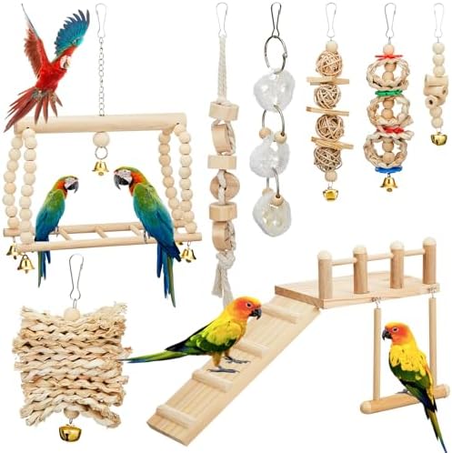 10 Pcs Bird Parrot Toys Set with Swing Platform Ladder Perches