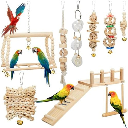 10 Pcs Bird Parrot Toys Set with Swing Platform Ladder Perches