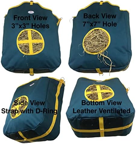 Majestic Ally Nylon Hay Feeder Tote Bag for Horse, Goat, Sheep - Double Sides Open Feed Hole with Faux Leather Ventilated Bottom- Premium Quality -Simulates Grazing - Reduces Waste (Hunter Green)
