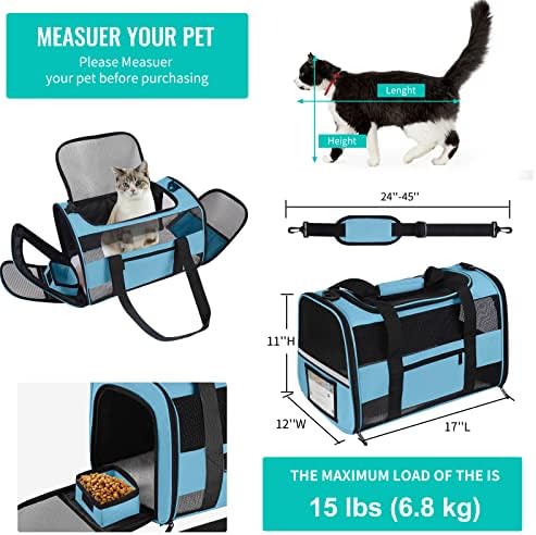 Airline Approved Pet Carrier Backpack for Cats & Dogs, Expandable Collapsible Cat Carrier with Breathable Mesh & Safety Leash, Portable Dog Travel Carrier for Hiking/Car/Train Blue