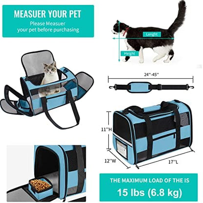 Airline Approved Pet Carrier Backpack for Cats & Dogs, Expandable Collapsible Cat Carrier with Breathable Mesh & Safety Leash, Portable Dog Travel Carrier for Hiking/Car/Train Blue