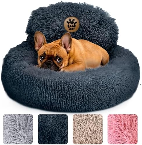PetJett Small Dog Bed - 23'' Round Dog Beds, Calming Puppy Bed - Washable Dog Bed - Anti-Slip, Super Soft Fluffy Plush Faux Fur Pet Bed, Anti-Anxiety Premium Comfort Donut Bed, Fits Dogs Upto 25 lbs