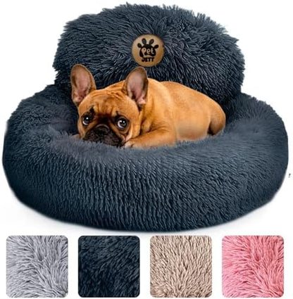 PetJett Small Dog Bed - 23'' Round Dog Beds, Calming Puppy Bed - Washable Dog Bed - Anti-Slip, Super Soft Fluffy Plush Faux Fur Pet Bed, Anti-Anxiety Premium Comfort Donut Bed, Fits Dogs Upto 25 lbs