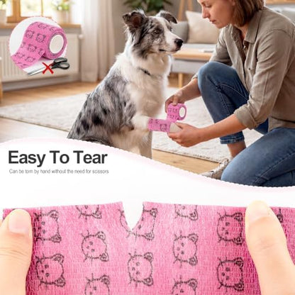 Vet Wrap Cohesive Bandages, Self-Adhesive Bandage Wrap, Breathable Non-Woven Self Adherent Tape for Pet Dog Leg Paw Wound, Horse, Cat, First Aid & Ankle Sprain, 2 Inch, 6 Rolls