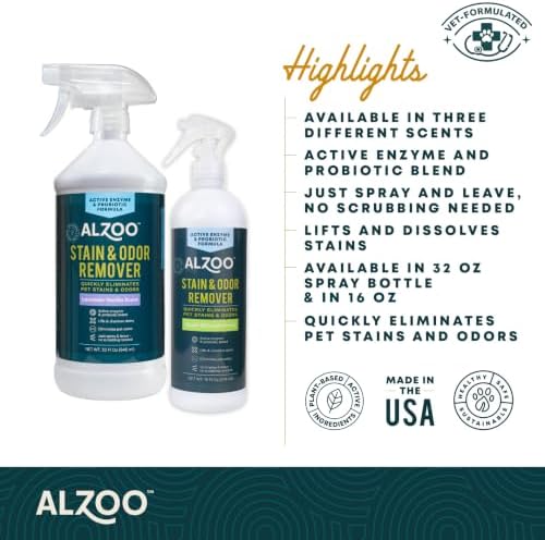 ALZOO Pet Stain & Odor Remover Spray for Dog & Cat Urine, Carpet, Furniture & Floors | Active Enzyme & Probiotic Formula | Citrus Vanilla Scent | Made in USA | 32 oz