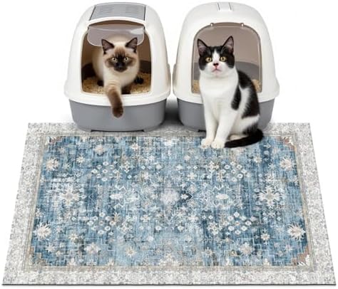 Cat Litter Mat Litter Trapping Mat, 33"x22" Waterproof Urine Proof Litter Box Mat Catcher Mat Non-Slip Washable for Kitty Kitten, Blue