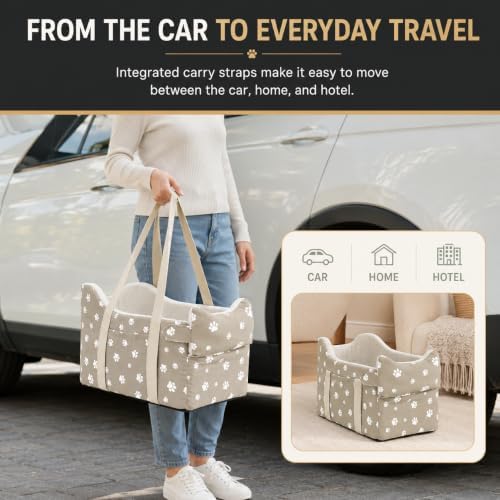 Dog Car Seat for Small Dogs (Under 15 lbs) – Center Console Pet Carrier with Safety Belt, Storage Pockets & Removable Washable Cover (Khaki Car Seat)
