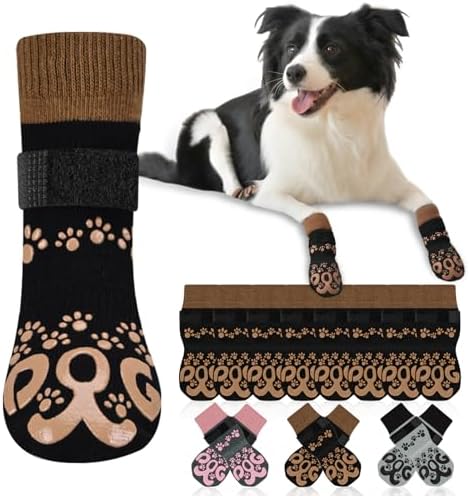 8Pcs Paw Grips for Senior Dogs - Double Side Dog Socks with Grippers, Hot Pavement Dogs Shoes, No Twist Dog Booties for Hardwood Floors, Black and Caramel, M