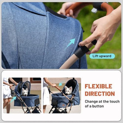 EchoSmile Small Medium Dogs Stroller 4-Wheel Pet Strollers for Medium Dogs Up to 50lbs, One Click Folding Large Cat Stroller, Reversible Handle, Shock Absorbing Wheels, Removable Washable Pad, Blue