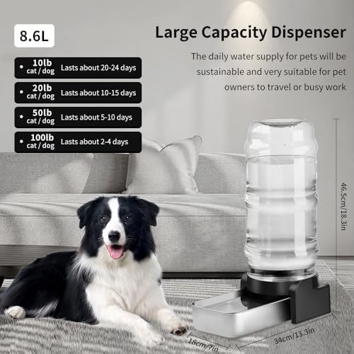 Marchul 2.3 Gallon Dog Water Dispenser, Large Dog Water Dispenser with Placemat and Stainless Steel Bowl, Automatic Gravity Pet Bowl for Dogs Medium to Large (8.6L + 3 Filters + Mat)