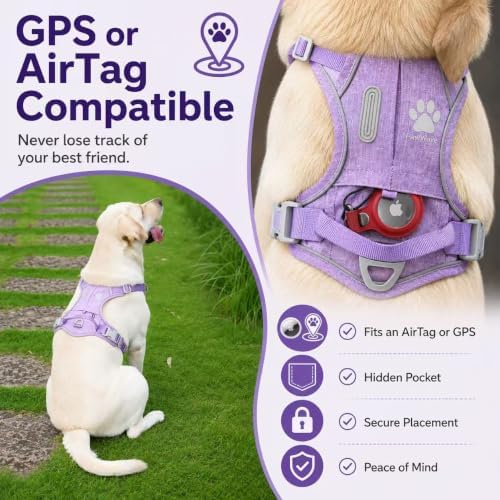 PawWave No Pull Dog Harness with Built-in Hidden AirTag & GPS Tracker Holder, Reflective Adjustable Escape-Proof Vest Harness for Small & Medium Dogs (Purple, S)