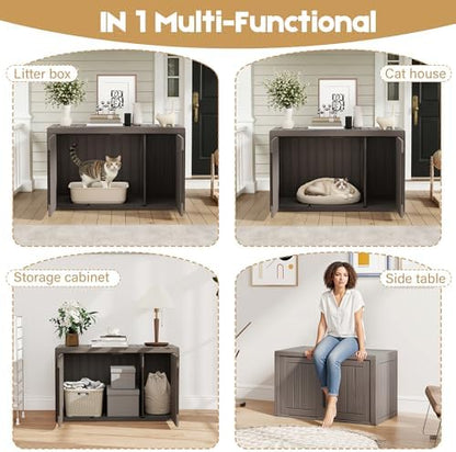 Cat Litter Box Enclosure, Covered Cat Litter Box with Adjustable Partition, Multi-Functional Hidden Enclosed Litter Box Furniture, Easy to Clean & Assemble, Dark Grey
