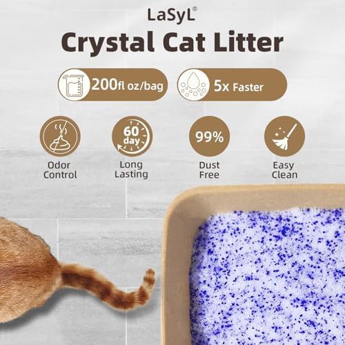 LaSyL Crystal Cat Litter for Multi-Cat Households - Silica Gel, 30-Day Odor Control, 99.9% Dust-Free Non-Clumping Low Tracking Lightweight Unscented Formula 8.6 lb (2 Bags x 4.3lb)