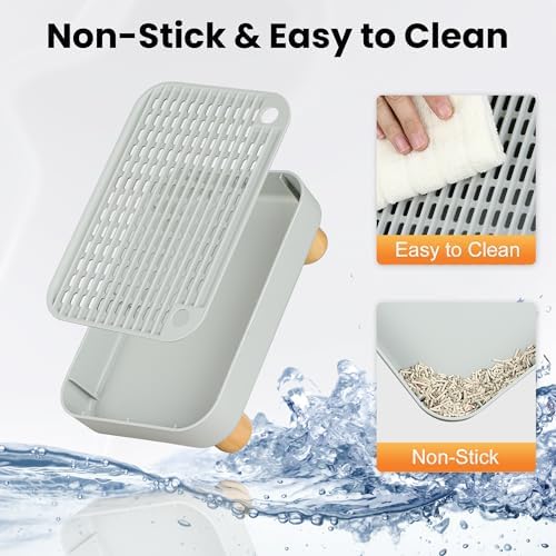 Litter Box Step, Litter Box Ramp/Catcher with Wooden Base, Anti-Tracking & Easy to Clean, Ideal for Small & Elderly Cats 11.8"x7.9"x3.6" (Gray)