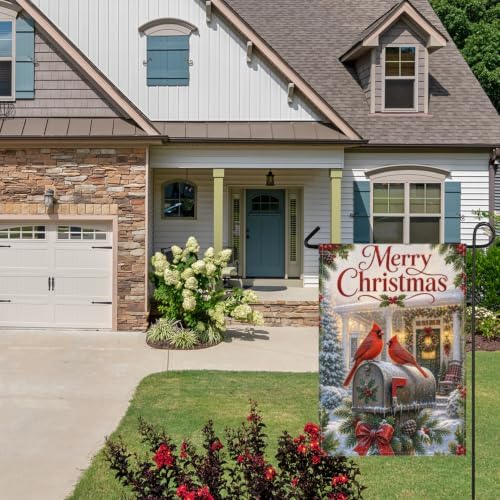 Merry Christmas House Flag 28x40 Inch Cardinal Pair Snowy Mailbox Holly Berry Pinecone Wreath Classic Winter Outdoor Yard Lawn Front Porch Welcome Double Sided Banner Decor