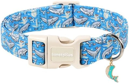 Lionet Paws Blue Summer Ocean Dog Collar with Cute Blue Whales Pattern Pendant - Female Male Boy Dog Collar for Small Medium Large Dogs S
