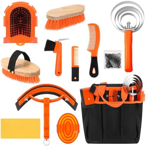 Abbylike 12 Piece Horse Grooming Kit with Organizer Tote Bag Brush Sets for Derby Day Show Horses Professional Tools for Care & Massage(Orange)